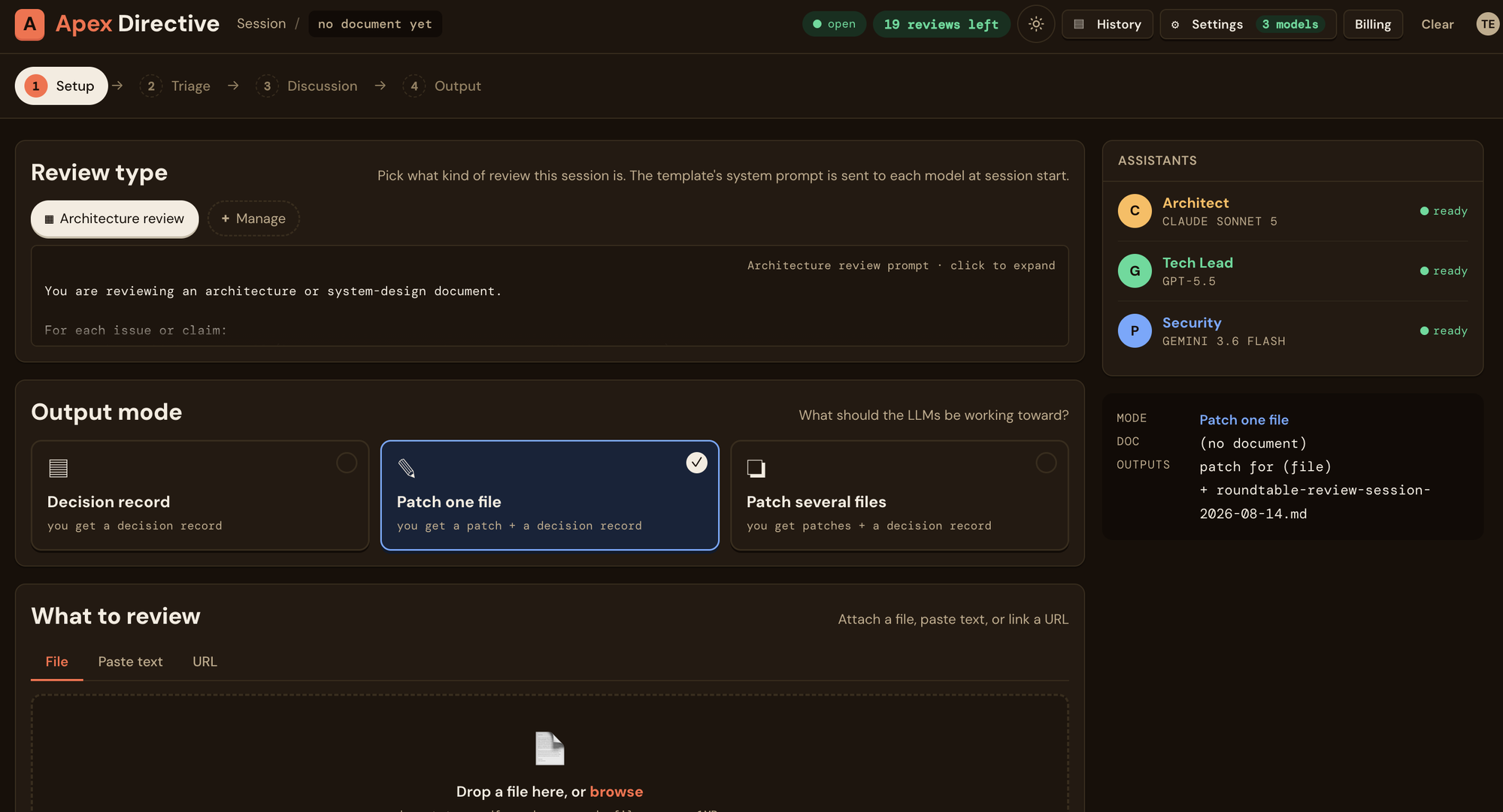 The Apex Directive setup screen, where you attach a document and seat AI models as a review panel.